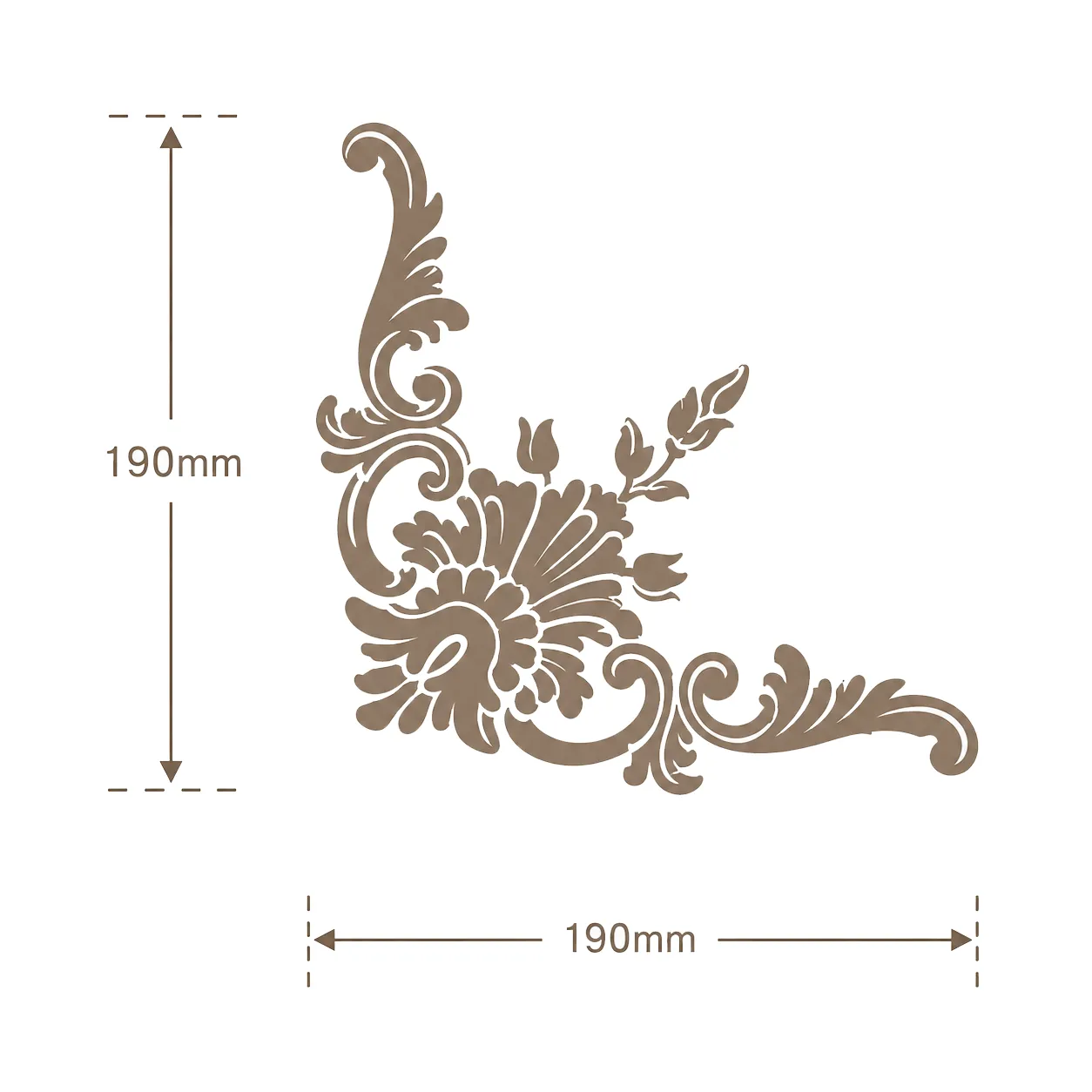 Format de Ornement d'angle floral 190 x 190 mm – Applique décorative à rosace et volutes