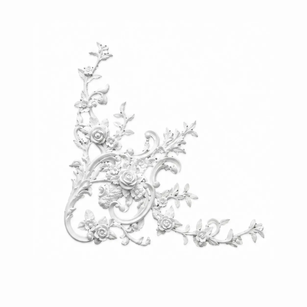 Ornement d'angle floral 600 x 600 mm – Applique décorative à roses et volutes