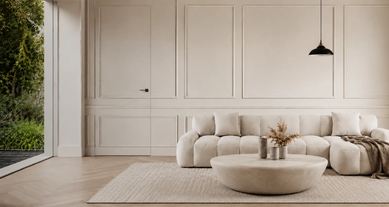 Salon minimaliste et élégant avec moulures murales