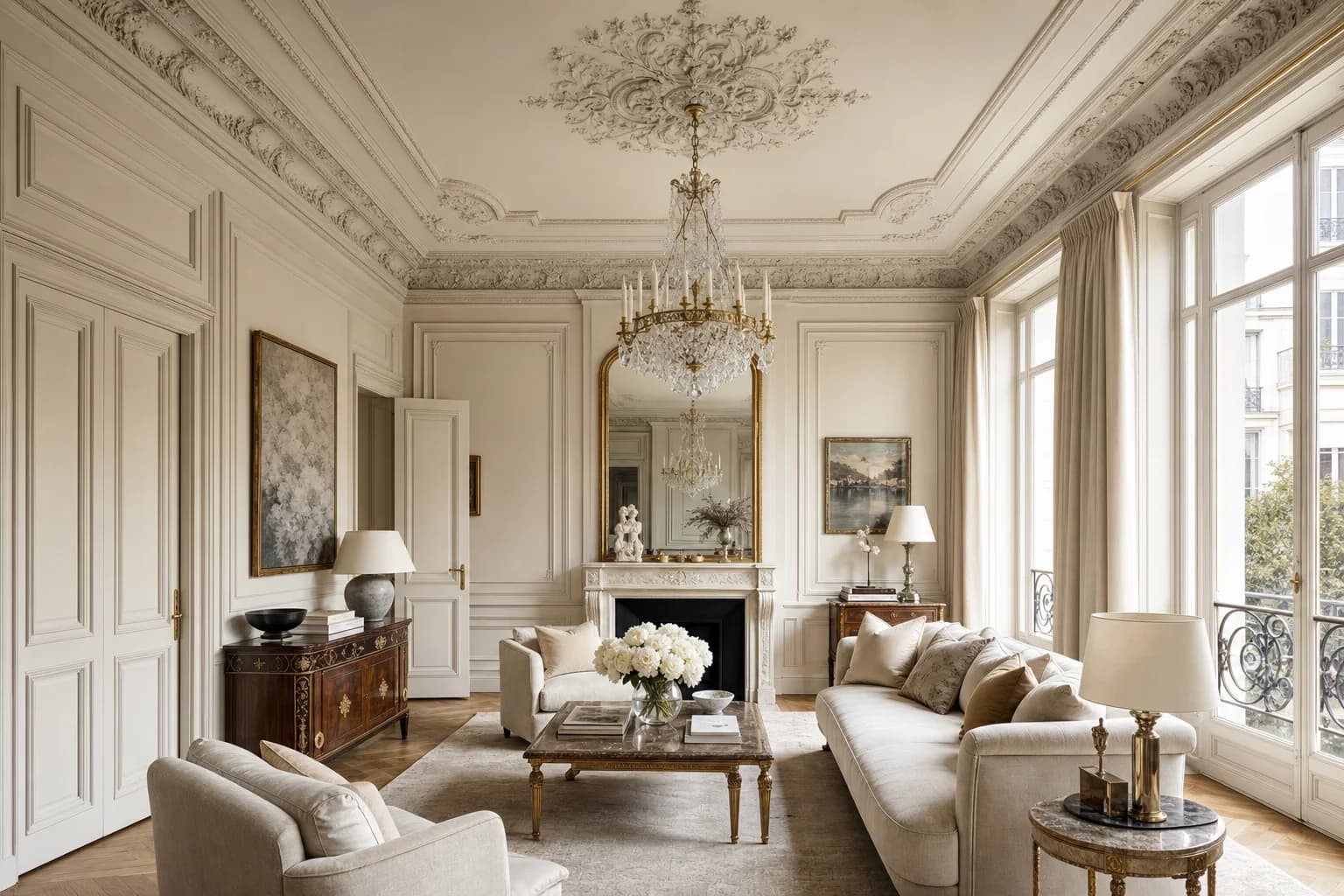 Salon parisien orné d’une corniche au plafond