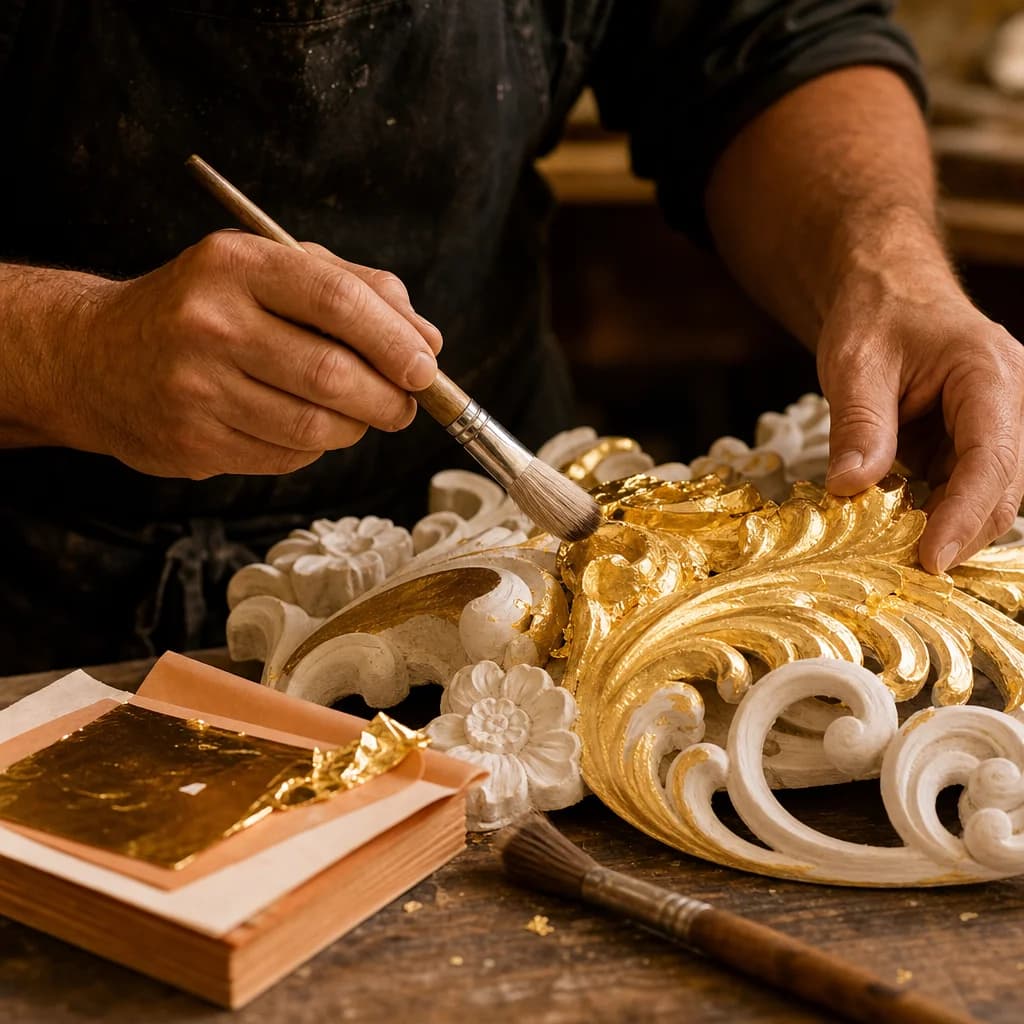 Mains d’artisan posant une feuille d’or sur une corniche